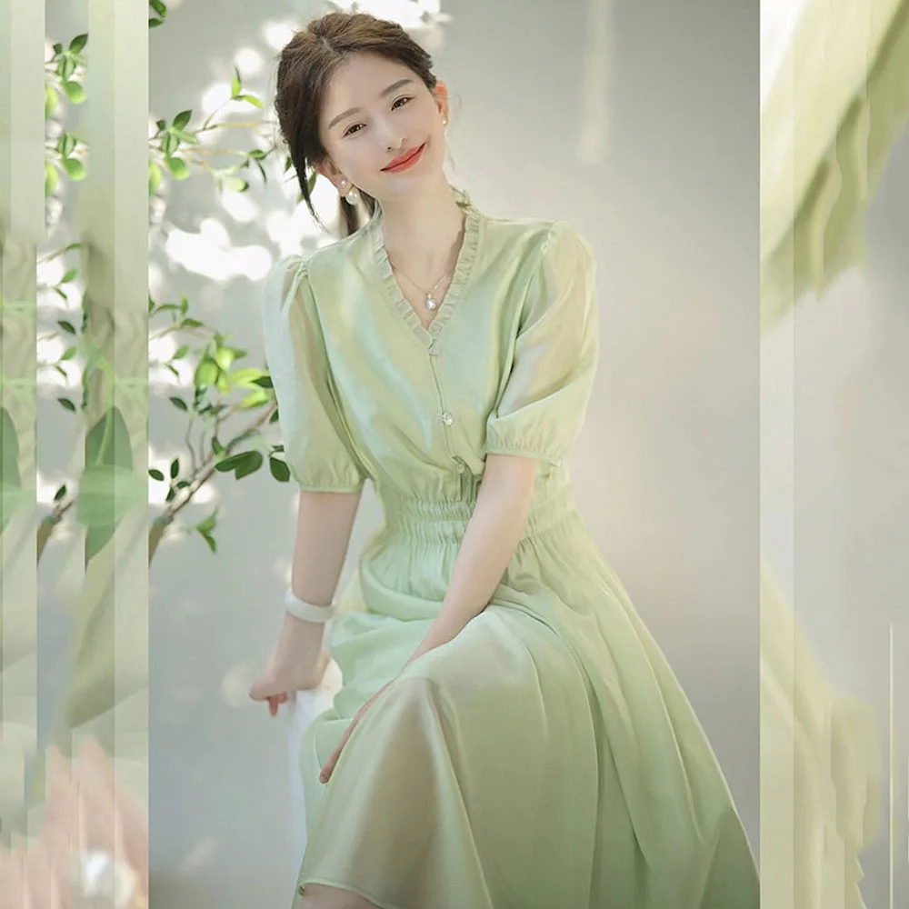

2022 Summer V-neck Elegant Dress Womens Puff Sleeve Vacation Leisure Long Dress Woman High Waist Ladies Chiffon Elegant Dresses