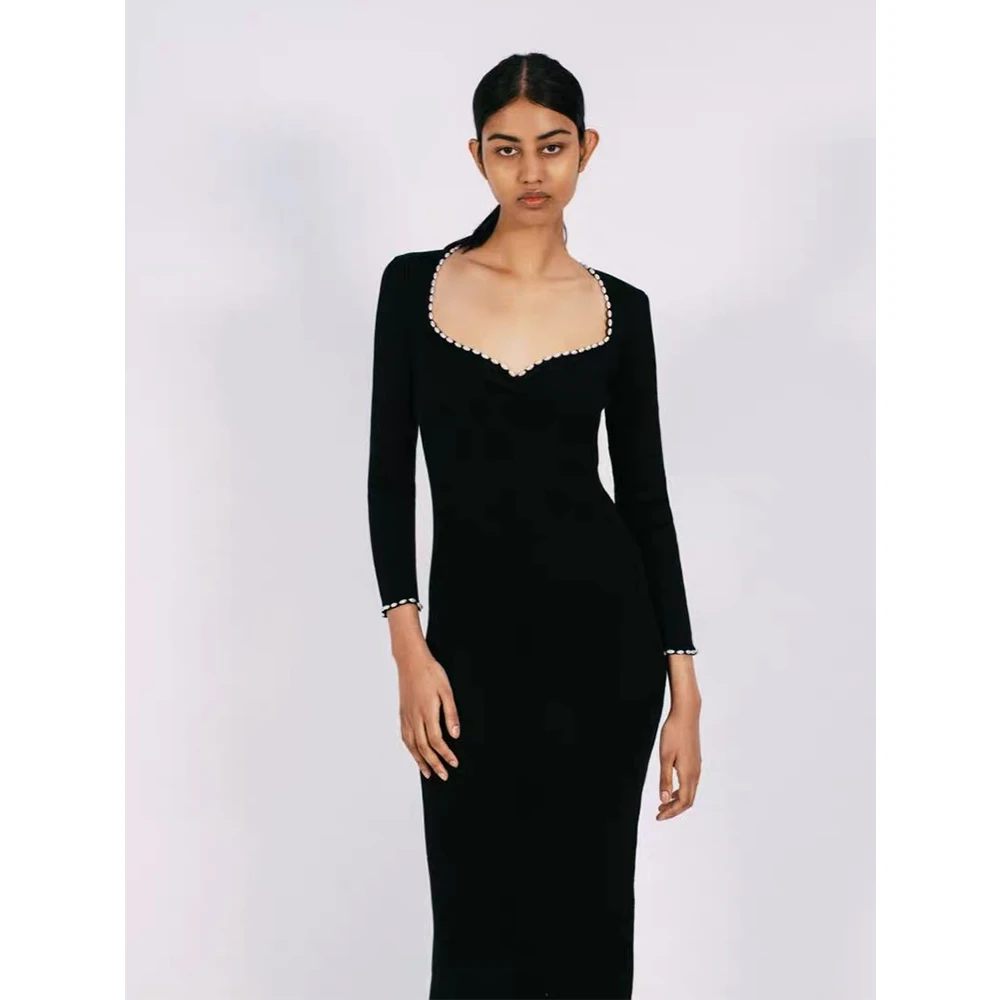 

Женское трикотажное платье в стиле ретро, привлекательное облегающее платье в рубчик с глубоким вырезом, жемчужным бисером, воротником в фо...