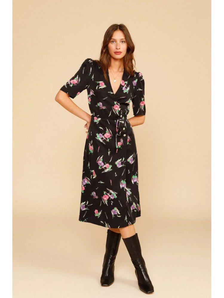 

Женское слитное платье с запахом, черное платье средней длины с принтом, V-образным вырезом, короткими рукавами и поясом, лето 2022