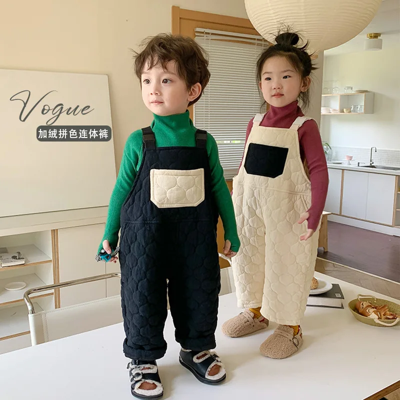 

Children Clothing 2022 Autumn Winter Girls and Boys Korean Style Loose Overalls New Fashionable Fleece Patchwork Casual Jumpsuit