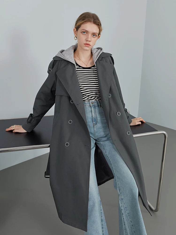 Женский однобортный Тренч FSLE однотонный офисный Повседневный с отложным