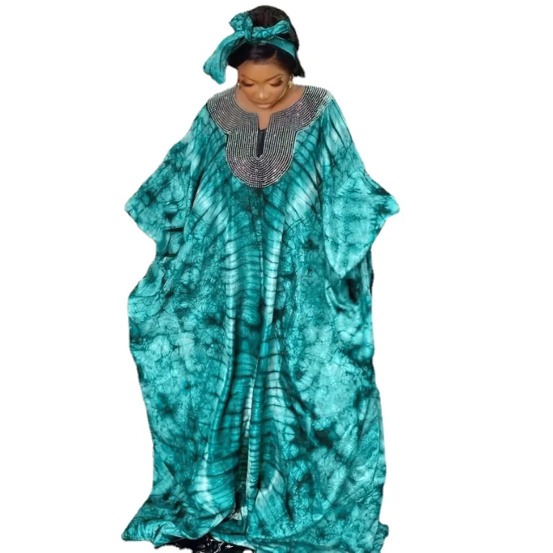 

African Dresses for Women 2023 Traditional Ladies Caftan Dress Abaya Muslim Robe Africaine Femme Clothes With Headtie