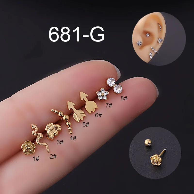 

Biliear 1 Piece Gold Zircon CZ Women Pierced Stud Earrings Bee Stainless Steel Spiral Cartilage Pierced Earring Snake Flower