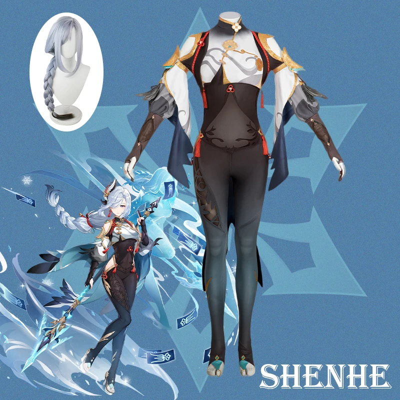 Костюм для косплея Genshin Impact Shenhe Униформа парик аниме Хэллоуин высококачественные