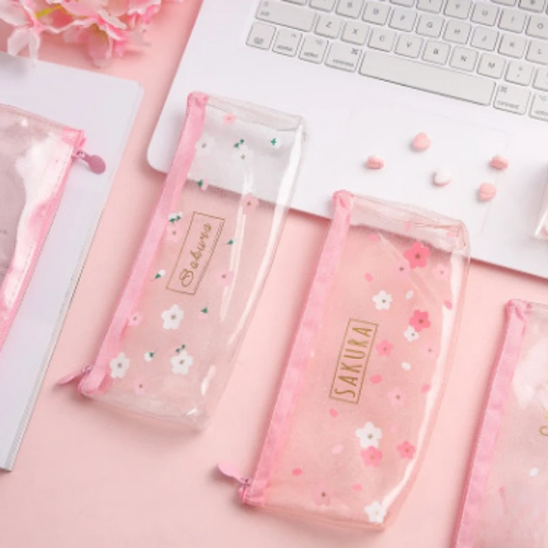 

Pink Transparent Pencil Bag Large Capacity School Case Kawaii Stationery Pencil Box Fountain Pen Holder Student School Supplies