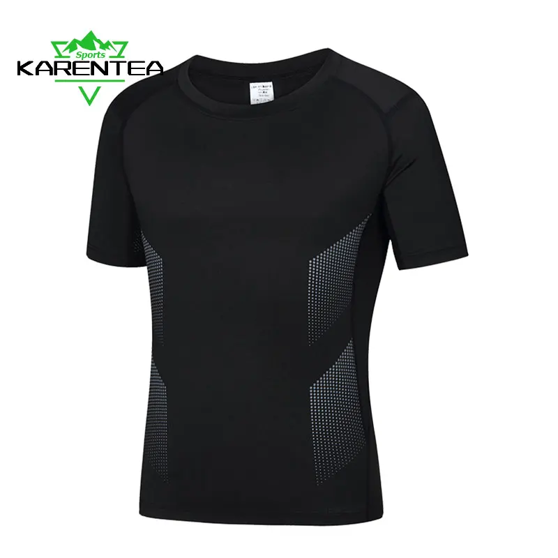

Men Running Sports Shirts Fitness Compression Gym Polyester Sports T-shirt Black Workout Training Muscle Fit Clothing