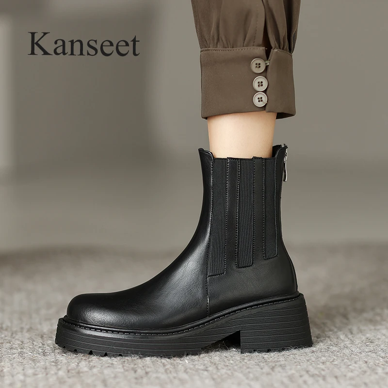 

Kanseet Ankle Boots For Women Autumn Winter Platform Shoes Black Round Toe Elastic Handmade Zipper Thick Heels Lady Short Boots