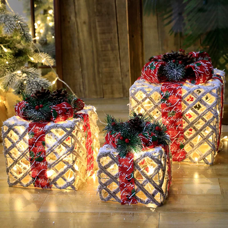 

3pcs Christmas Gift Box Three-piece Holiday Light String Warm White Christmas LED Lighting Home Party Wedding Iron Art Gift Box
