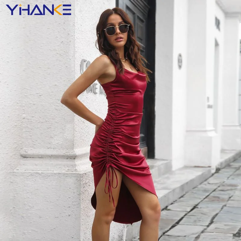 

Sexy Satin Party Dress Women Spaghetti Straps Bodycon Dress Slim Stretch Multi Wear Ruched Club Satin Dress Vestidos New