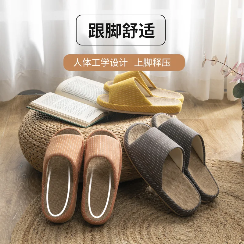 Linen Cotton Slippers Female Four Seasons Home Indoor Cute Couple Autumn Thick Bottom Outdoor Wear Comfortable Slippers Male