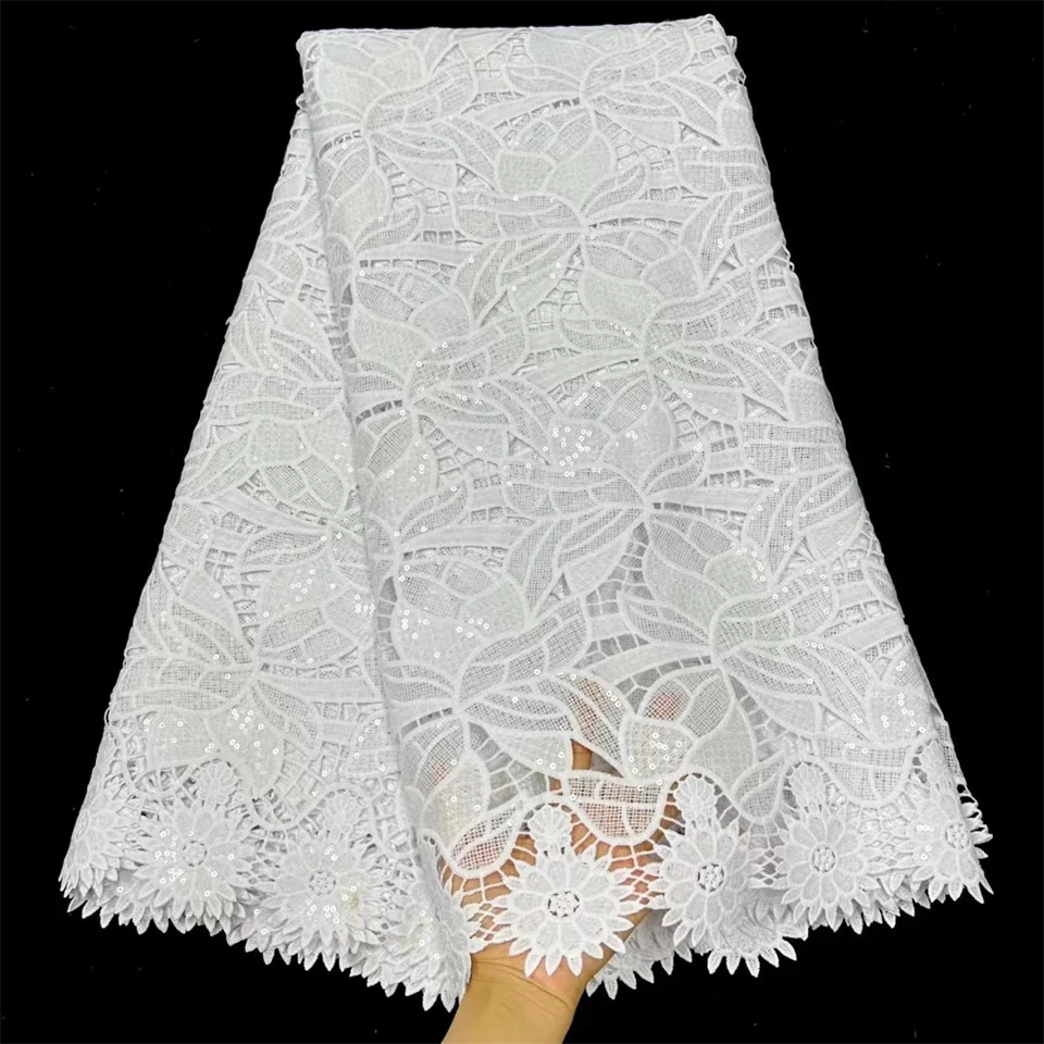 

XIYA White MIlk Silk Lace Nigerian Fabric 5 Yards 2022 High Quality Guipure Mesh Lace Fabrics With Sequins For Wedding Dress Sew