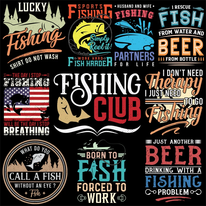 Fishing Lovers Alphabet Pattern Iron On Transfer Heat Vinyl Ironing Stickers Decor Vinyl Sticker For Clothes Applique Decor