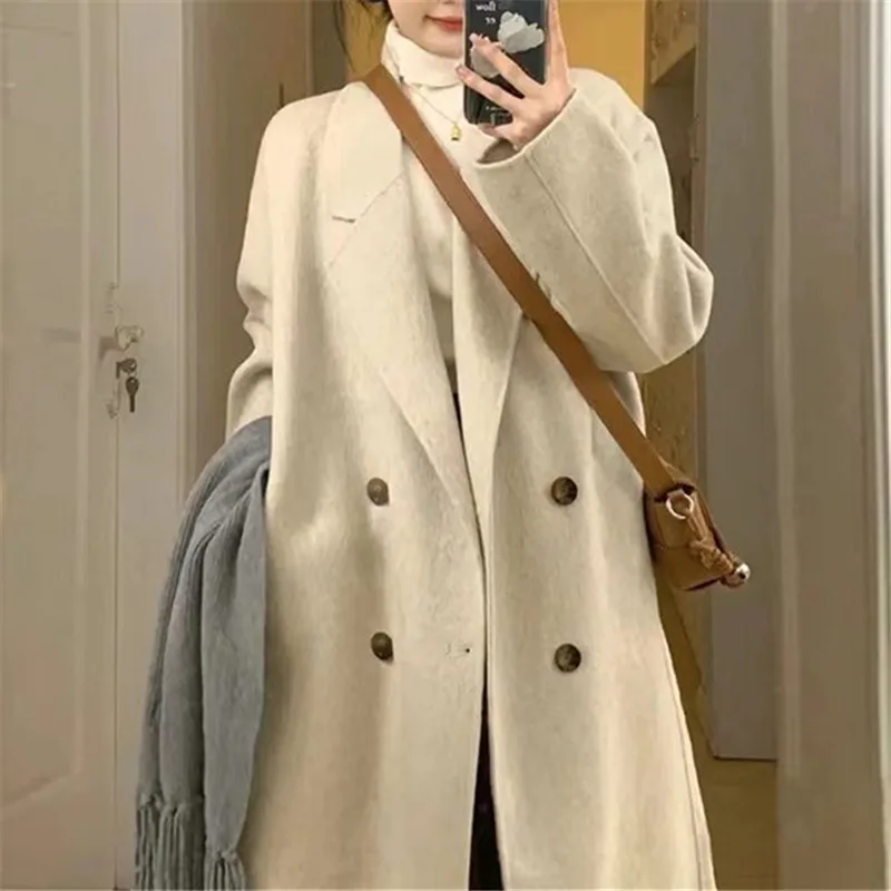 

Женское двустороннее кашемировое пальто, свободное шерстяное пальто средней длины в Корейском стиле, осень/зима 2023