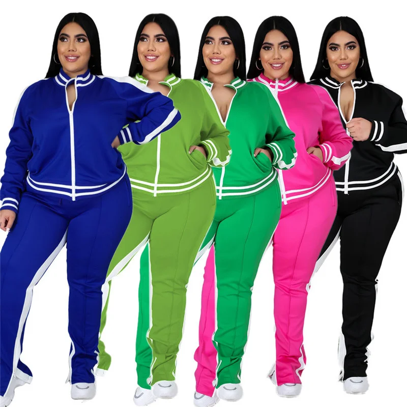Plus Size L-5xl Two Piece Set Women Zipper Striped Top Slit Pants Casual Jogger Outfit Matching Set Mujor Who 3xl 4xl 5xl 6xl