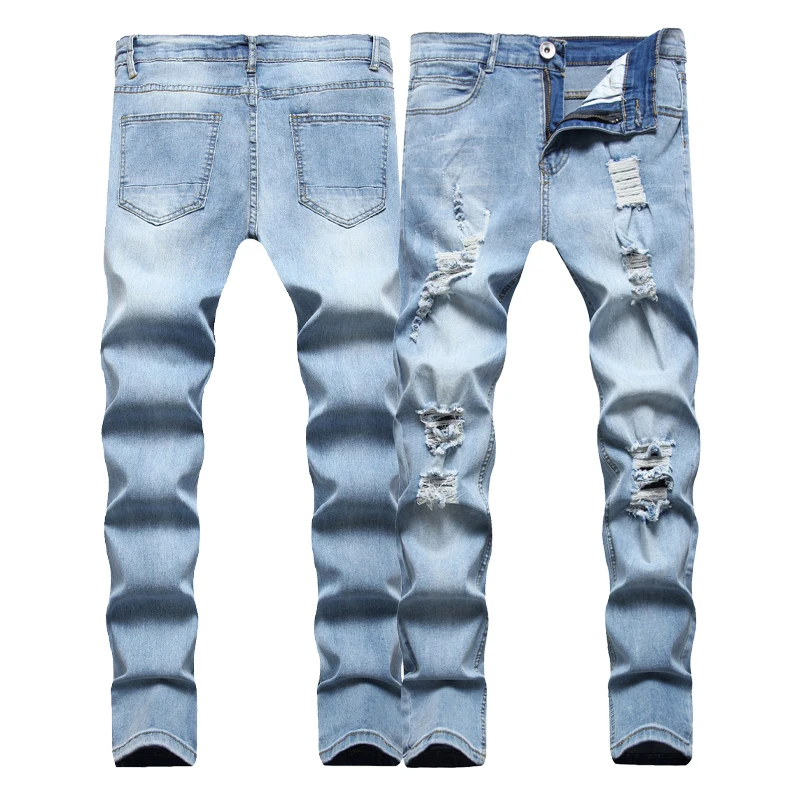 Men Punk Style Denim Stretchy Ripped Skinny Biker Embroidery Print Jeans Destroyed Hole Taped Slim Fit Denim Scratched Trousers