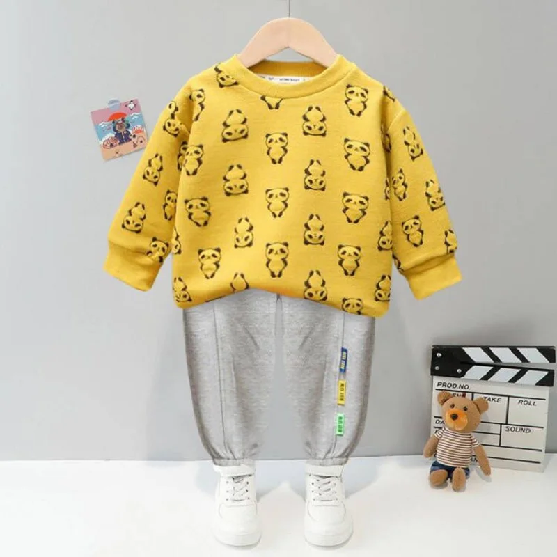 

0-5 Years Old Summer Boys Simple Cartoon Panda Print Pullover Top Boys Simple Sweater Long Sleeve Pants New Children's Suit