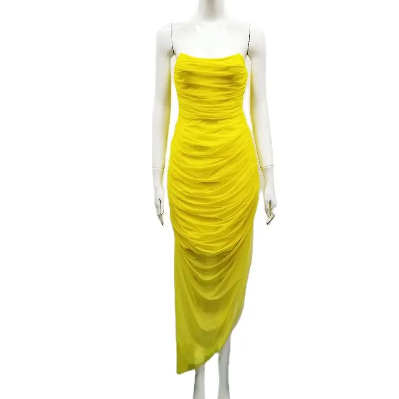 

2022 New Summer Women Bandage Dress Sexy Strapless Mesh Draped Side Slit Elegant Celebrity Evening Party Runway Outfits Dress