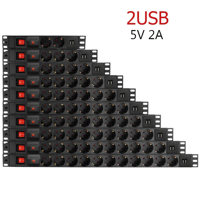 

PDU Network Cabinet Rack Power Strip Distribution 16A 250V European Standard Socket Outlet with Switch 2USB 2M wire