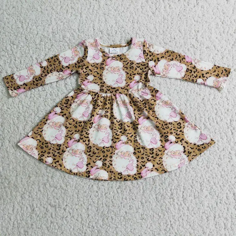 

2022 Рождественский бутик осеннее платье для девочек с рисунком Санта-Клауса с длинным рукавом Леопардовый принт детские комплекты одежды оп...