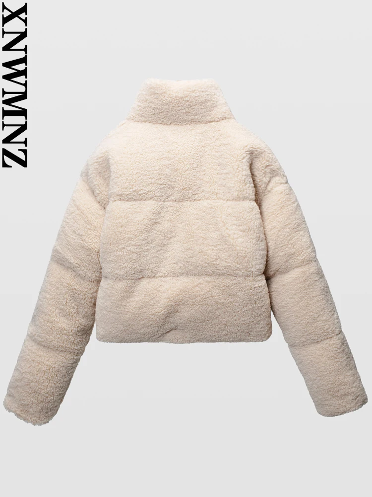 XNWMNZ Women Fashion High-quality Thick Warm Padded Faux Shearling Cropped Jacket High Neck Long Sleeve Zip Female Outwear Top