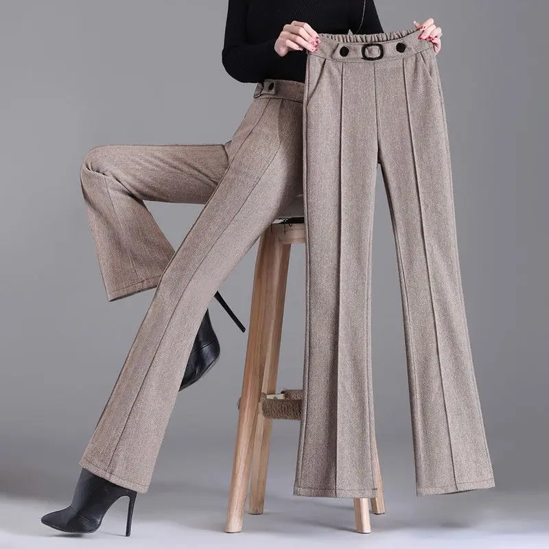 

2023 New Autumn Winter Wool High Waist Pants Women Korean Style Women Trousers Flare Pants Female Warm Solid Pants Tops Q29