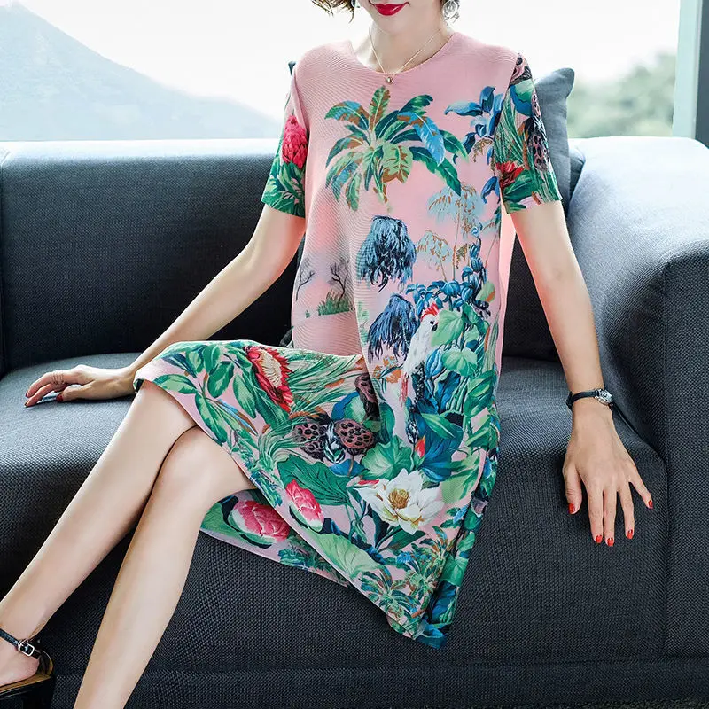 

Ethnic wind replenishing clothing dress female 2022 summer casual loose thin fashion printing long o neck short sleeve skirt