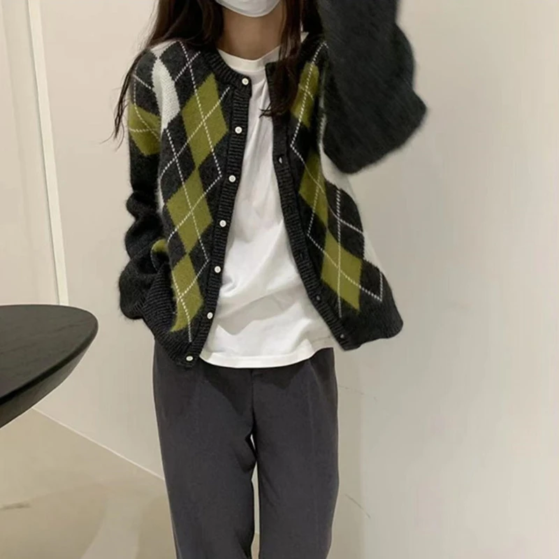 

Black Diamond Knitted Cardigan Women Autumn New Vintage Lazy Oaf Casual Sweater Female Korean Trendy Ins Soft Warm Clothing