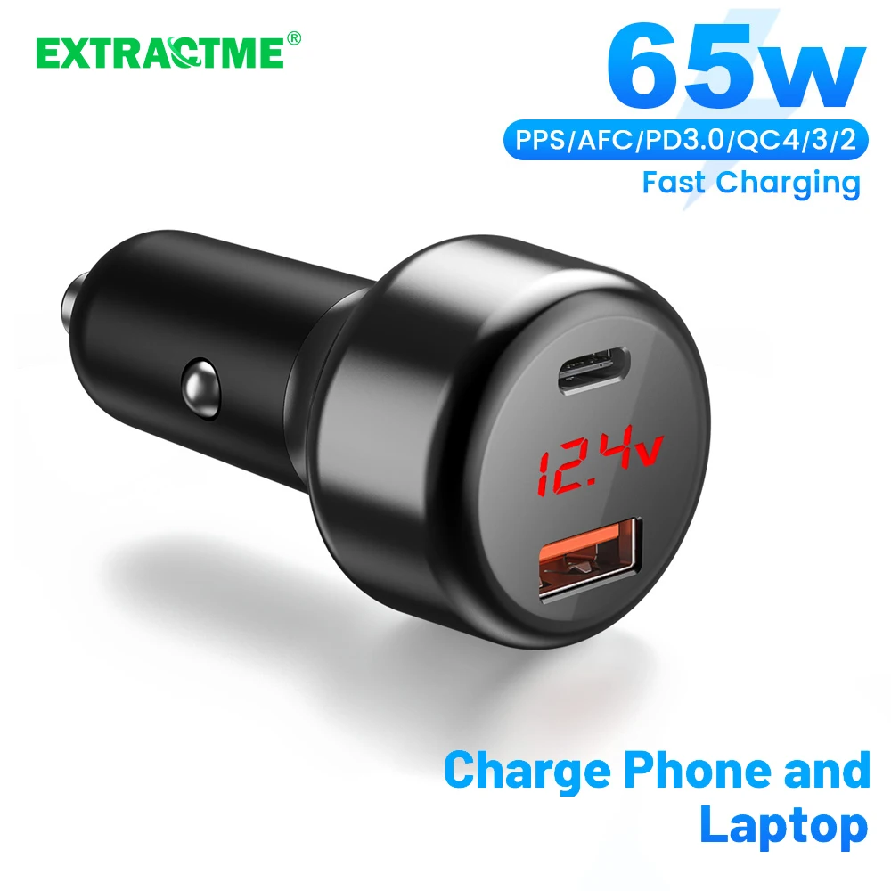 

Extractme 65W Car Dual USB Charger Type C PD QC3.0 PPS Fast Charging Auto Cigarette lighter For IPad iPhone with LED Voltmeter