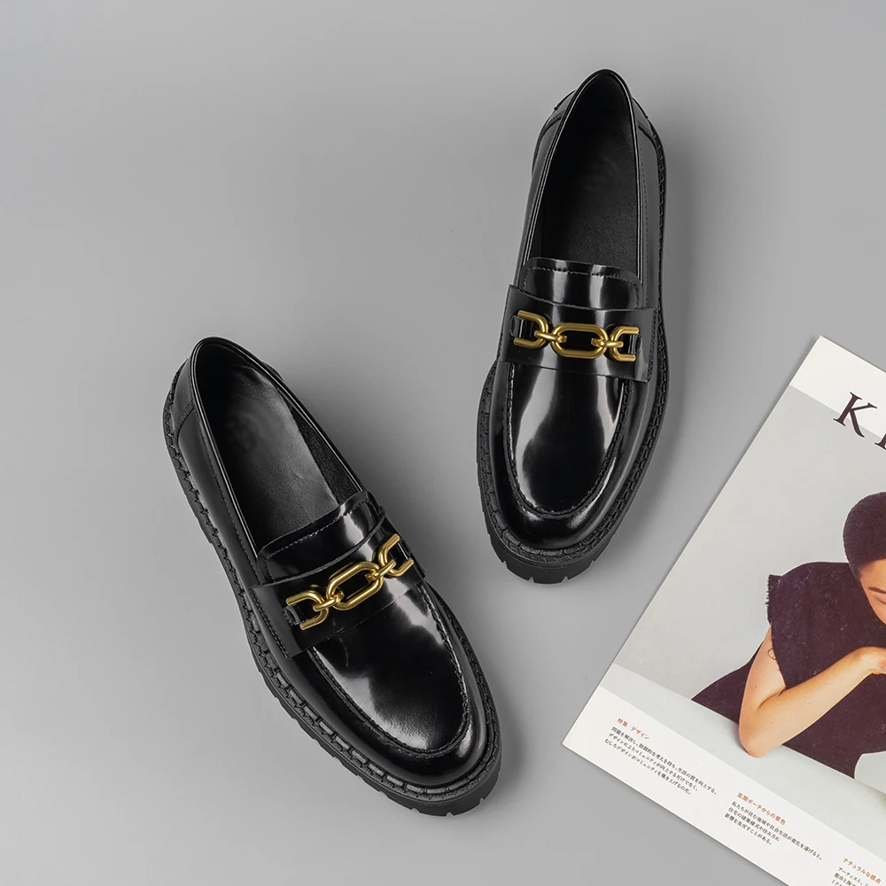 

MOOQDAAX Chunky Loafers 2022 England Style Women Genuine Cow Leather Platform Shoes Round Toe Metal Chain Slip on Ladies Flats