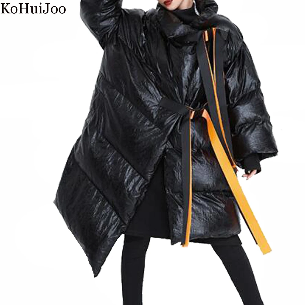KoHuiJoo  Streetwear Winter Coat for Women Autumn Winter Turndown Collar Thick Warm Irregular Coat Bandage Cotton Padded Jackets