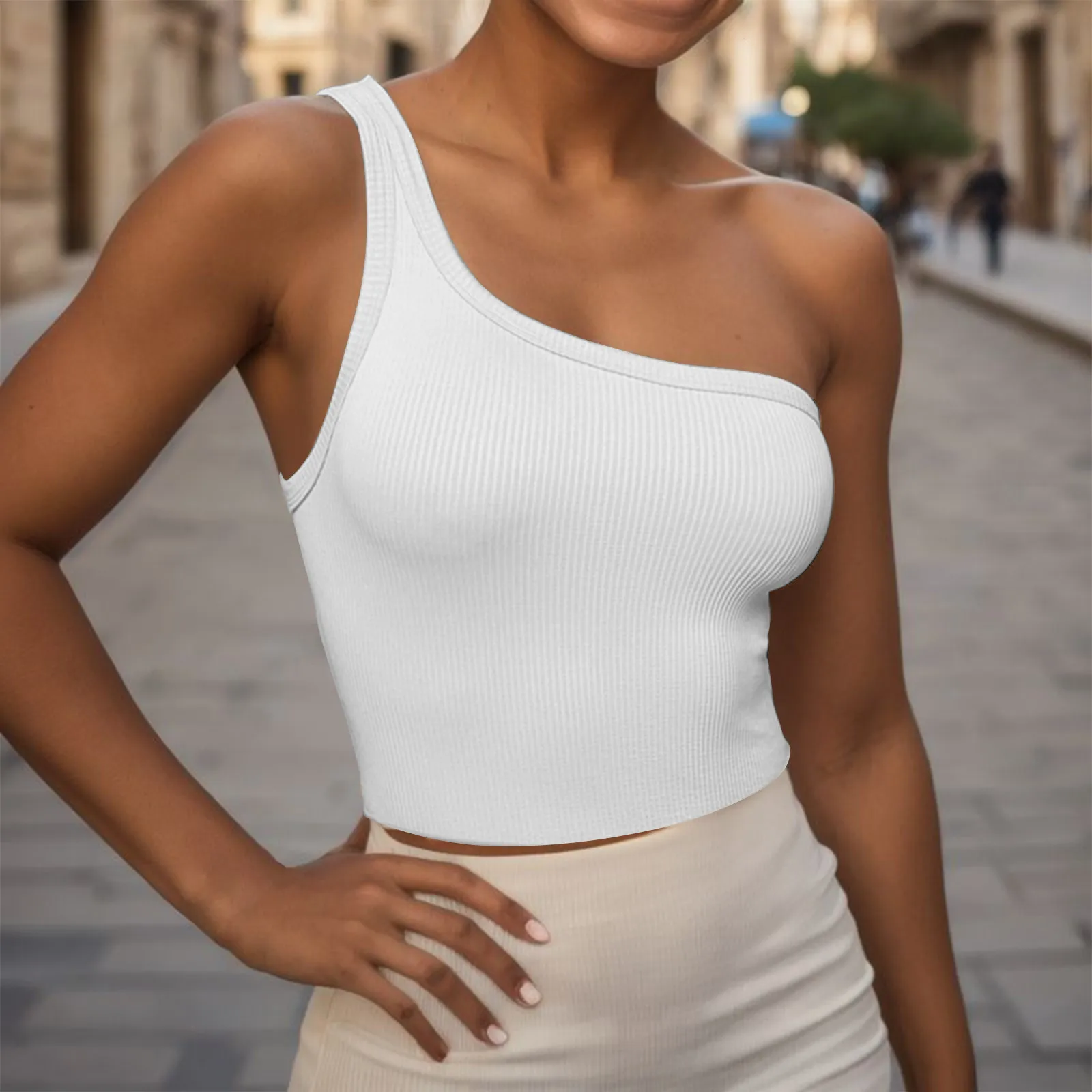 

One Shoulder Vest Women'S Trendy Solid Color Short Cropped Ribbed Sleeveless Shirt Tank Top Strappy Camisole Sexy Party Clubwear