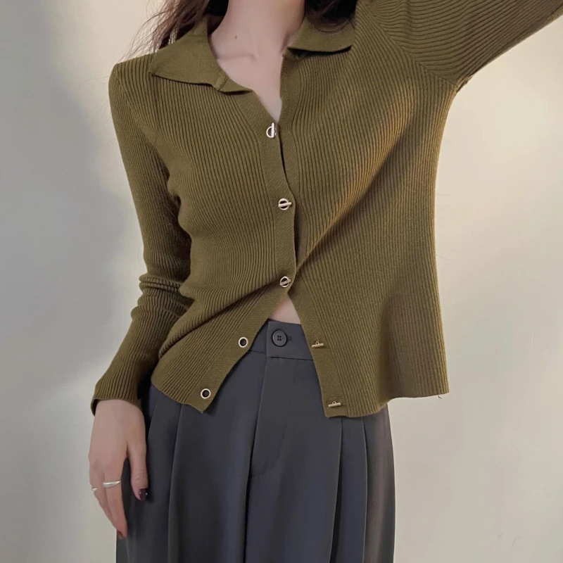 Повседневный Ретро-свитер с воротником-поло Однорядный трикотажный свитер