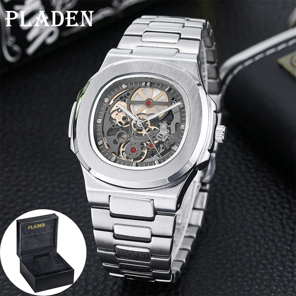 Power Reserve Mechanical Watches Men's PLADEN Skeleton Stainless Steel Powerful Automatic Watch Square Waterproof Hand Clock New