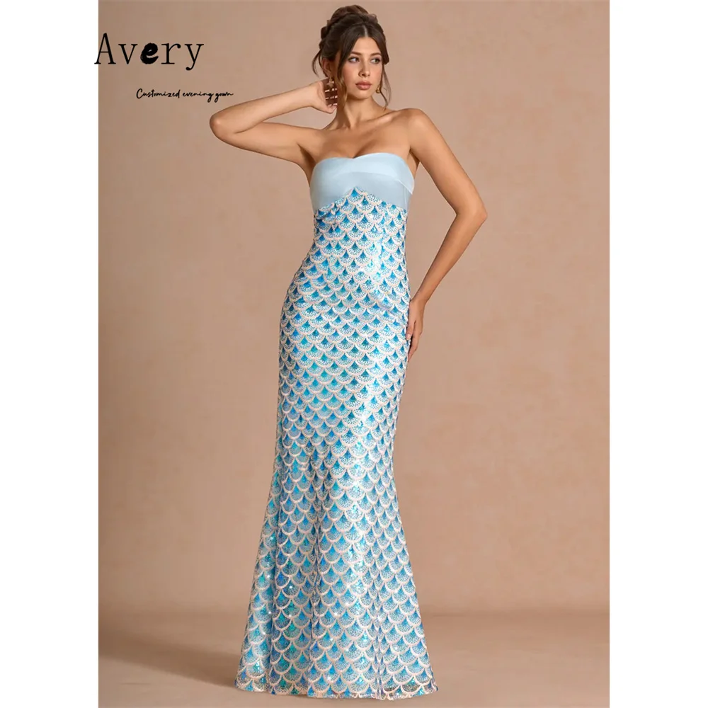 Фото Элегантное блестящее вечернее платье Avery Custom Sweetheart Fishtail небесно-голубого цвета, роскошное праздничное платье 2026 года для женщин, для свадебных торжеств №4