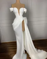 Sexy White Mermaid Evening Dresses Off the Shoulder V Neck High Split Long Dubai Women Formal Satin Silky Party Prom Gowns