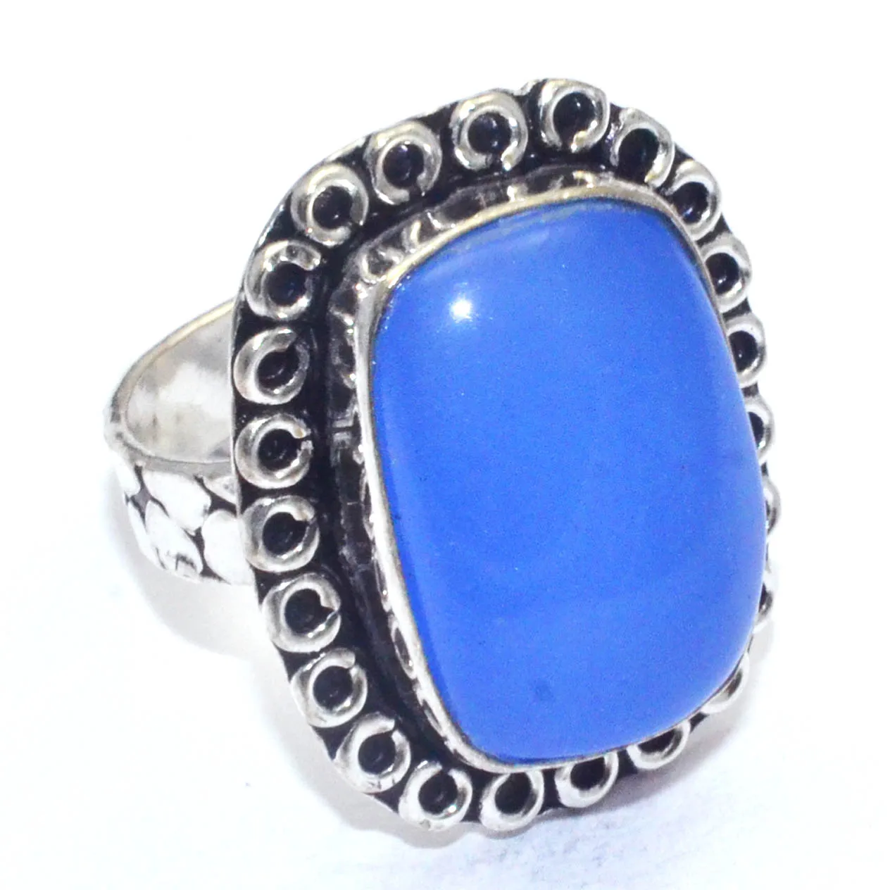 

Genuine Blue Chalcedony Ring Silvers Overlay over Copper, Hand Made Women Jewelry gift , Size : 6.25 , R7371
