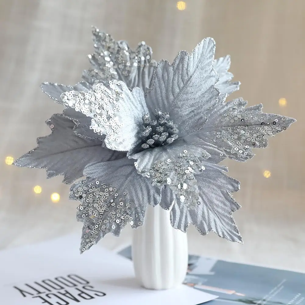 Christmas Faux Flower Bright Color Pointed Edge Fake Flower Glitter Christmas Faux Flower