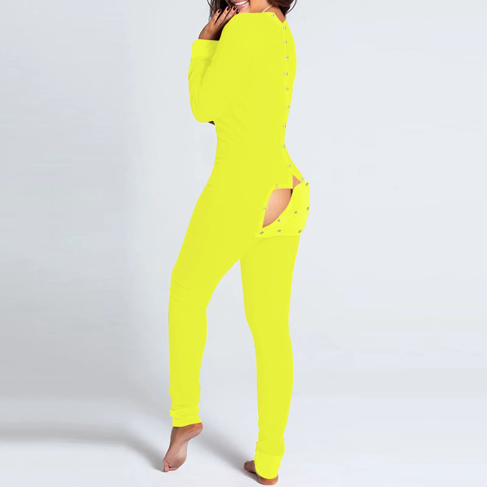 

Solid Color Sexy Pajama Jumpsuit Women V-neck Long Sleeve Onesies Butt Buttoned Flap Long Sleepwear Romper Overalls Nightwear