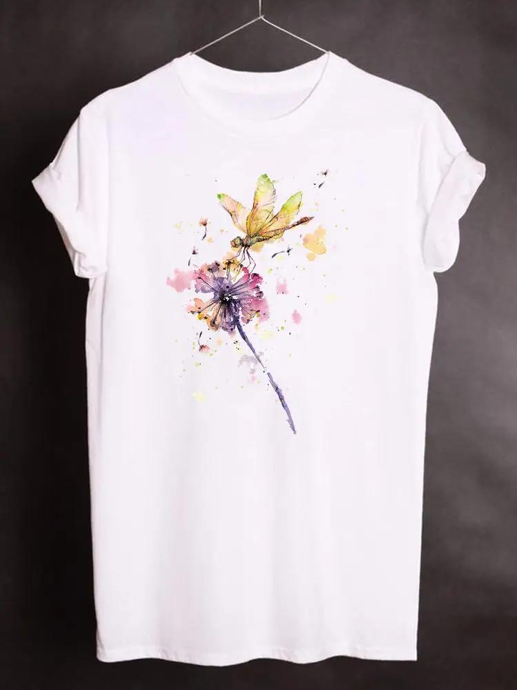 

Women Watercolor Dragonfly Sweet Clothing Print T Shirt Short Sleeve Clothes Summer Fashion Graphic T-shirt Basic Tee Top