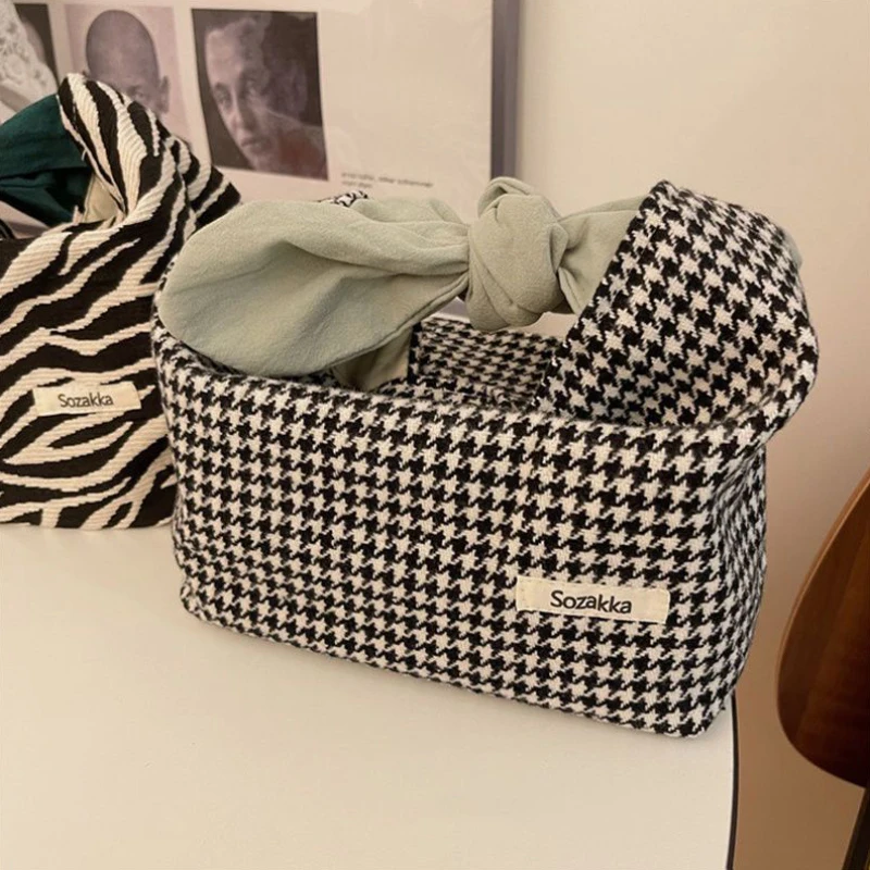 Fashion Women's Zebra-Print Makeup Bag Cute Bunny Ears Handbag Lunch Box Bag Japanese Ins Style Bento Bag Lunch Box Handbag