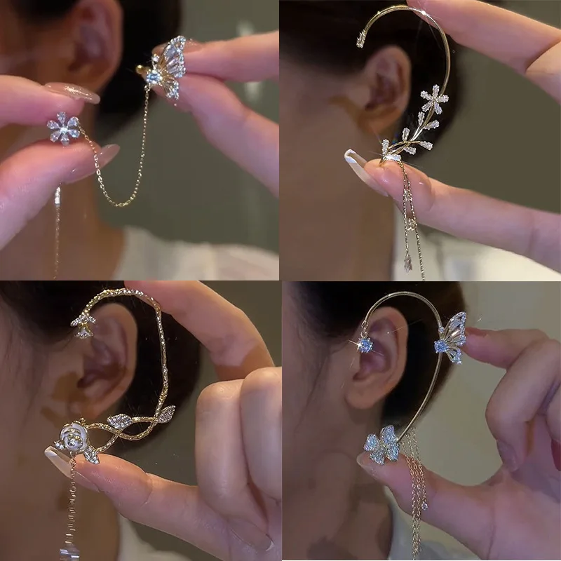 

Diamond-studded Butterfly Flower Earrings Without Ear Holes Ear Clips Women's Light Luxury Temperament Wheat Ear Tassel Earrings