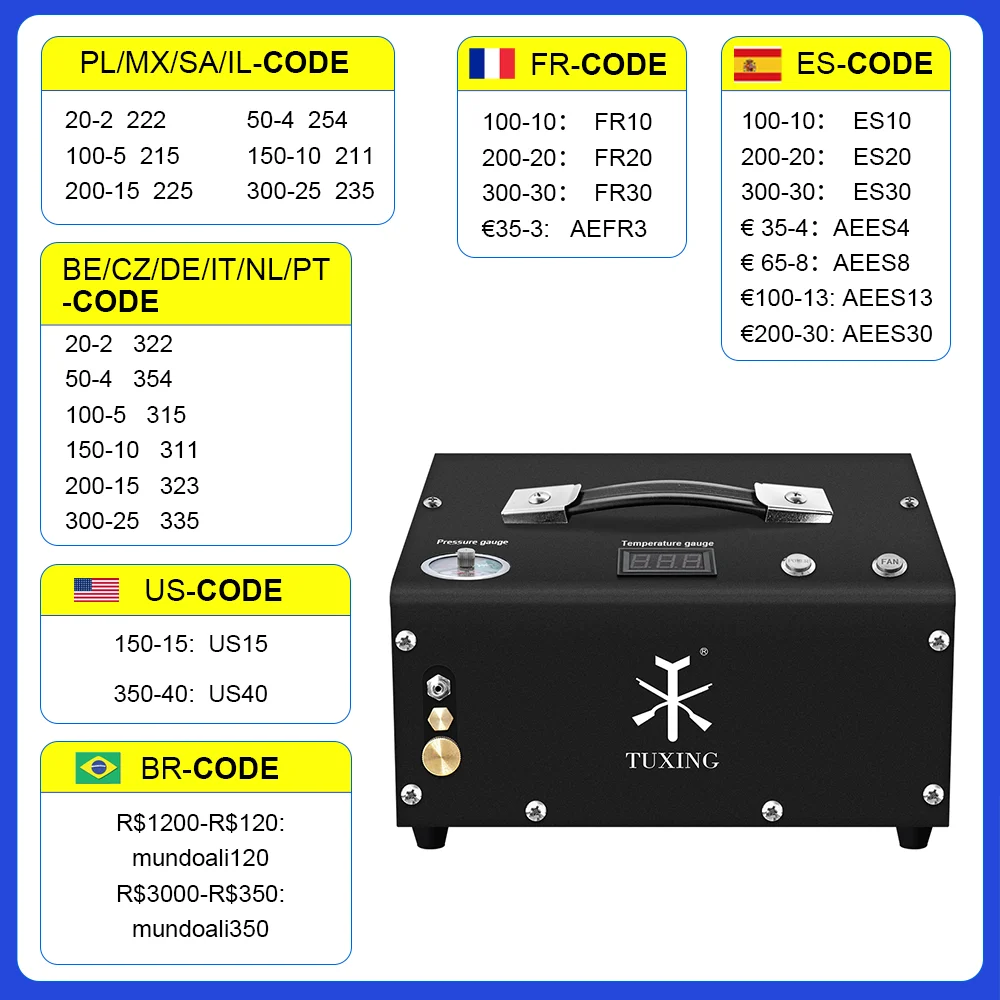 

TUXING TXET061 4500Psi 300Bar 12V PCP Air Compressor High Pressure Pump Compressor Transformer Airgun Pneumatic Rifle Inflator