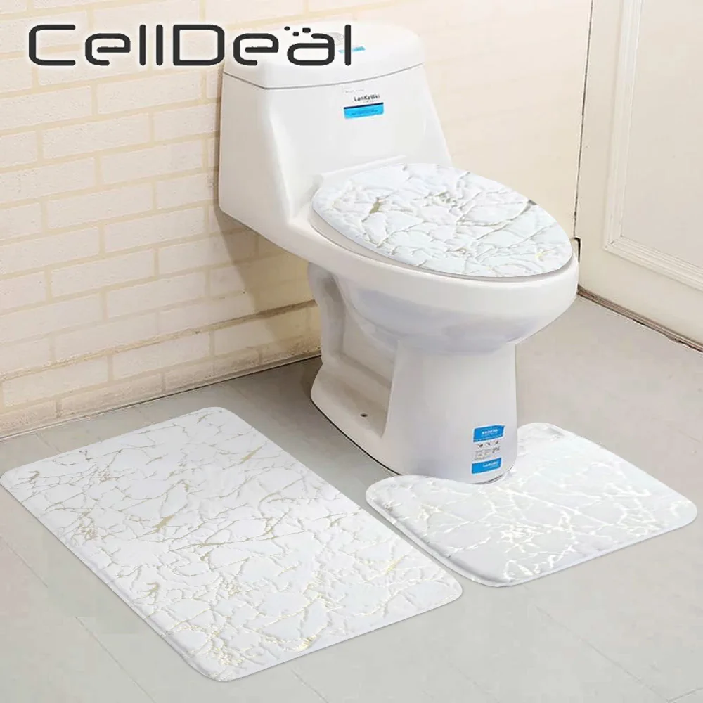 

3Pcs Bathroom Toilet Mats Set Gold Printing Anti Slip Rugs Entrance Doormat Bath Mats Toliet Lid Pad Home Living Room Decoration