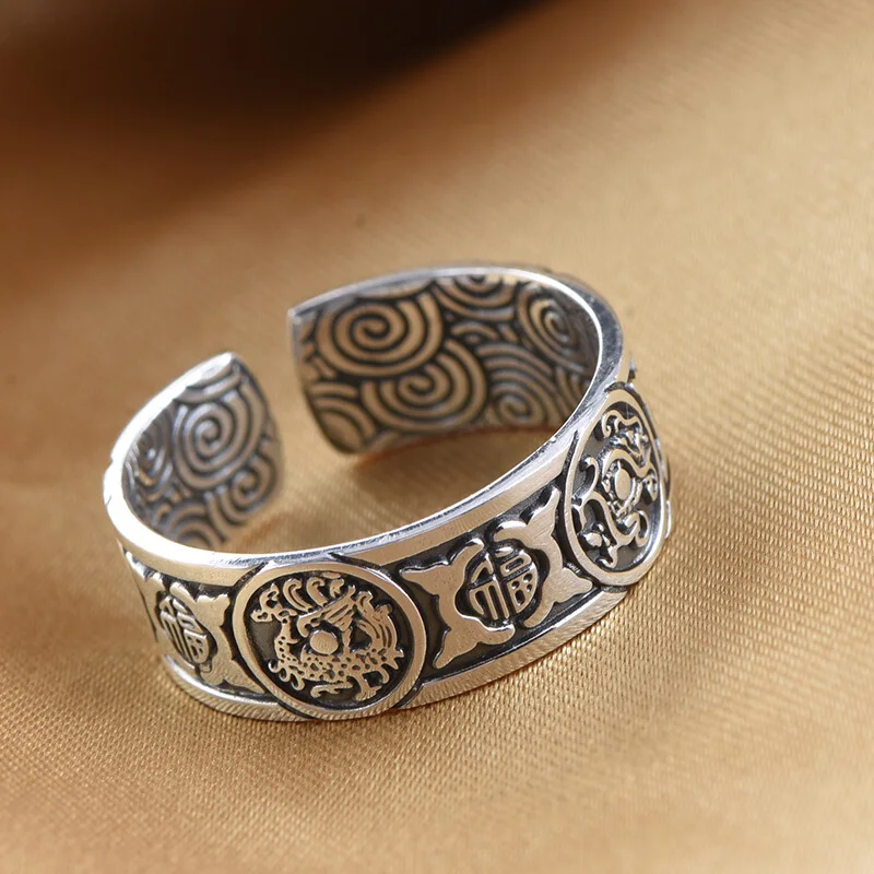 

S925 Silver Four God Beast Ring Men's and Women's Fashion Retro Distressed Index Finger Ring Open Ring Couple Couple Rings