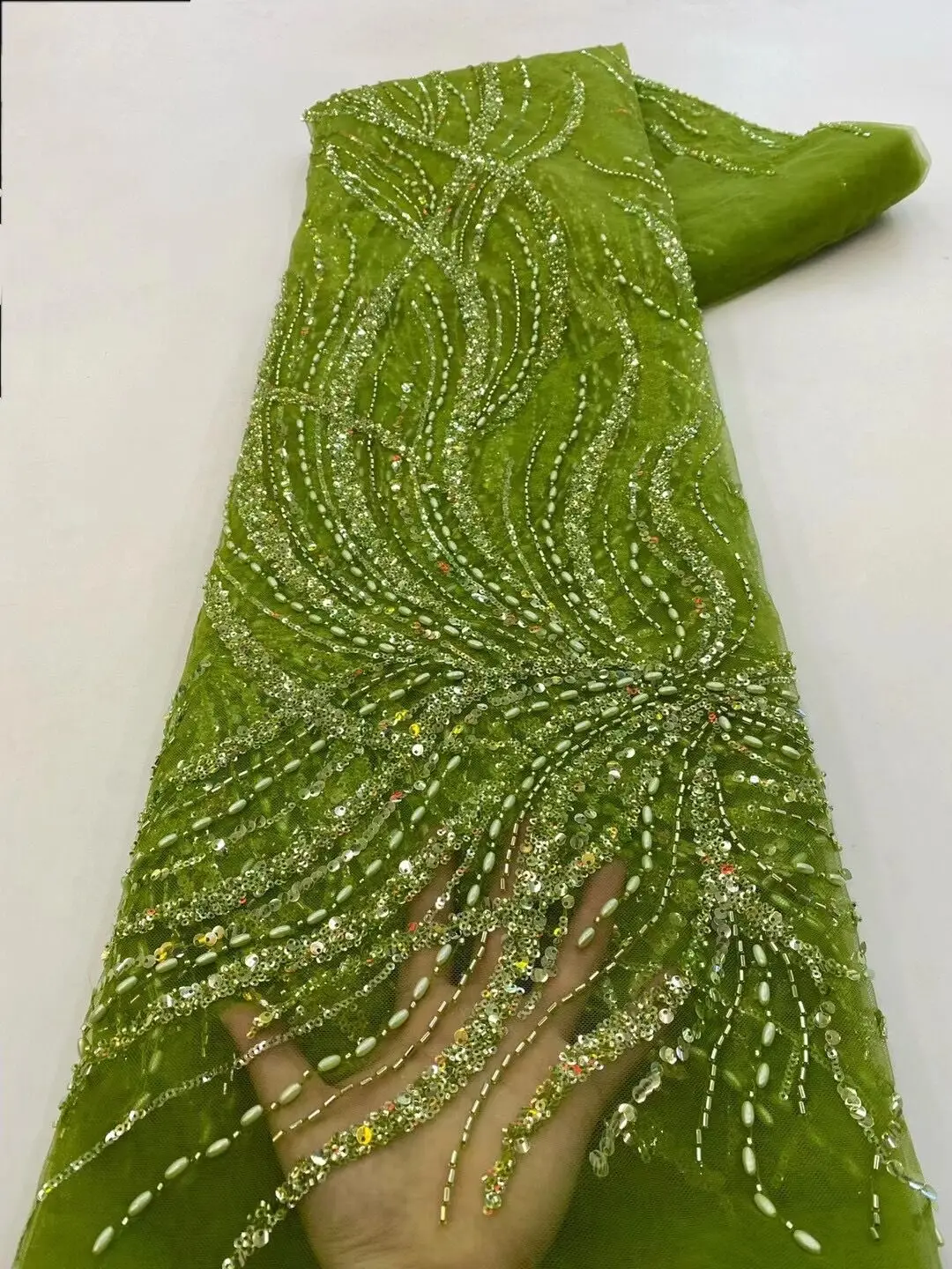 

High Quality African Lace Fabric ZH-1308067 Lace With Beads Nigerian Tulle Sequined Popular