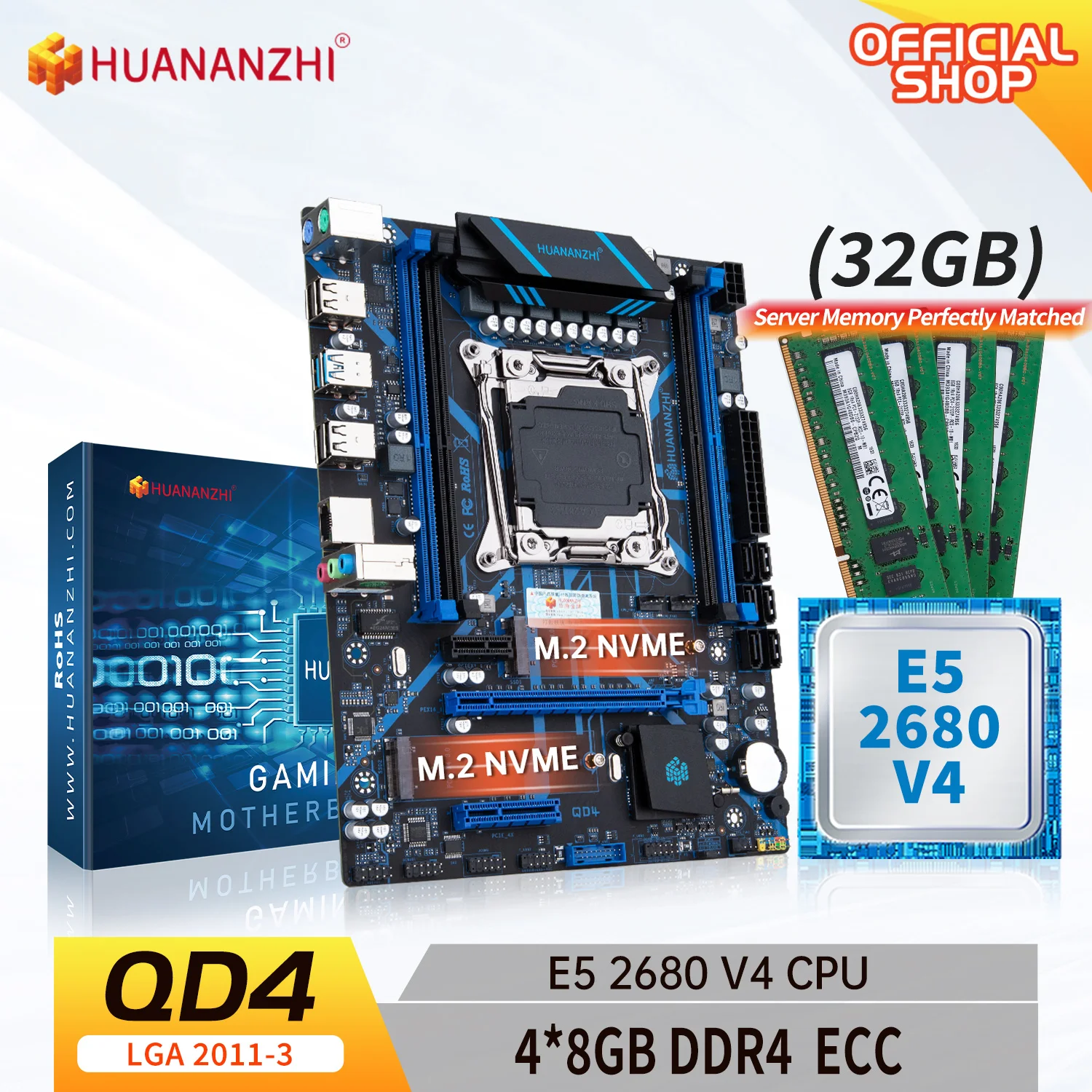 

HUANANZHI X99 QD4 LGA 2011-3 XEON X99 Motherboard with Intel E5 2680 V4 with 4*8G DDR4 RECC Memory Combo Kit Set NVME