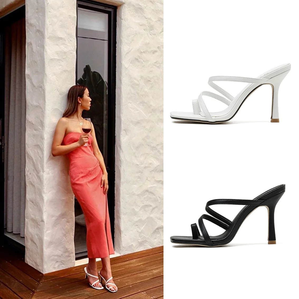 

Summer Women Sandals Narrow Band Vintage Square Toe High Heels Cross Strap Thong Sandals Women V Shape Design Shoes Women NEW