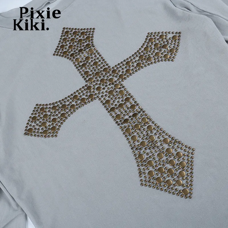 PixieKiki Cross Rivet Mesh Flared Sleeve Crop Top Transparent Cyber Y2k Shirts Fairy Grunge Sexy Long Sleeve Tees P69-BD14 images - 6