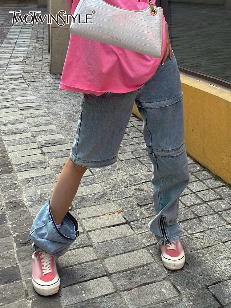 

Женские длинные джинсы TWOTWINSTYLE, весенние брюки с высокой талией, на молнии, с карманами, 2022