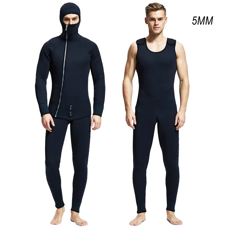 5MM 2 Pieces Neoprene Scuba Keep Warm Diving Suit Hooded For Men Surfing Snorkeling Spearfishing UnderWater Hunting Swim WetSuit